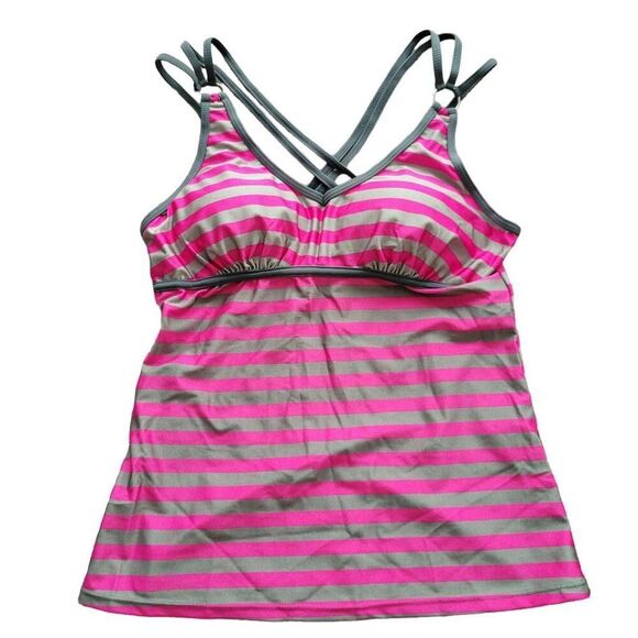Tankini Bikini Pink Stripe Criss Cross Two Piece Bathing Swim Suit - Picture 1 of 9